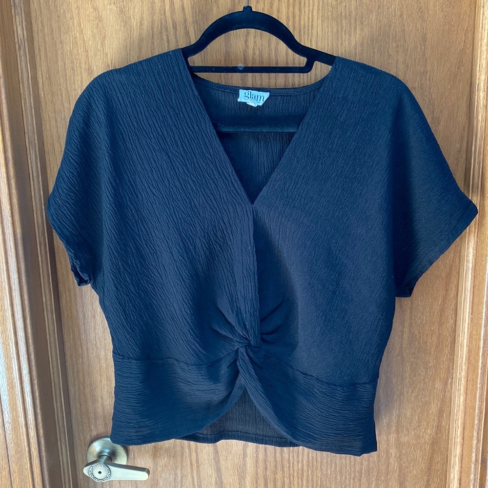 V Neck Tie Front Black Blouse